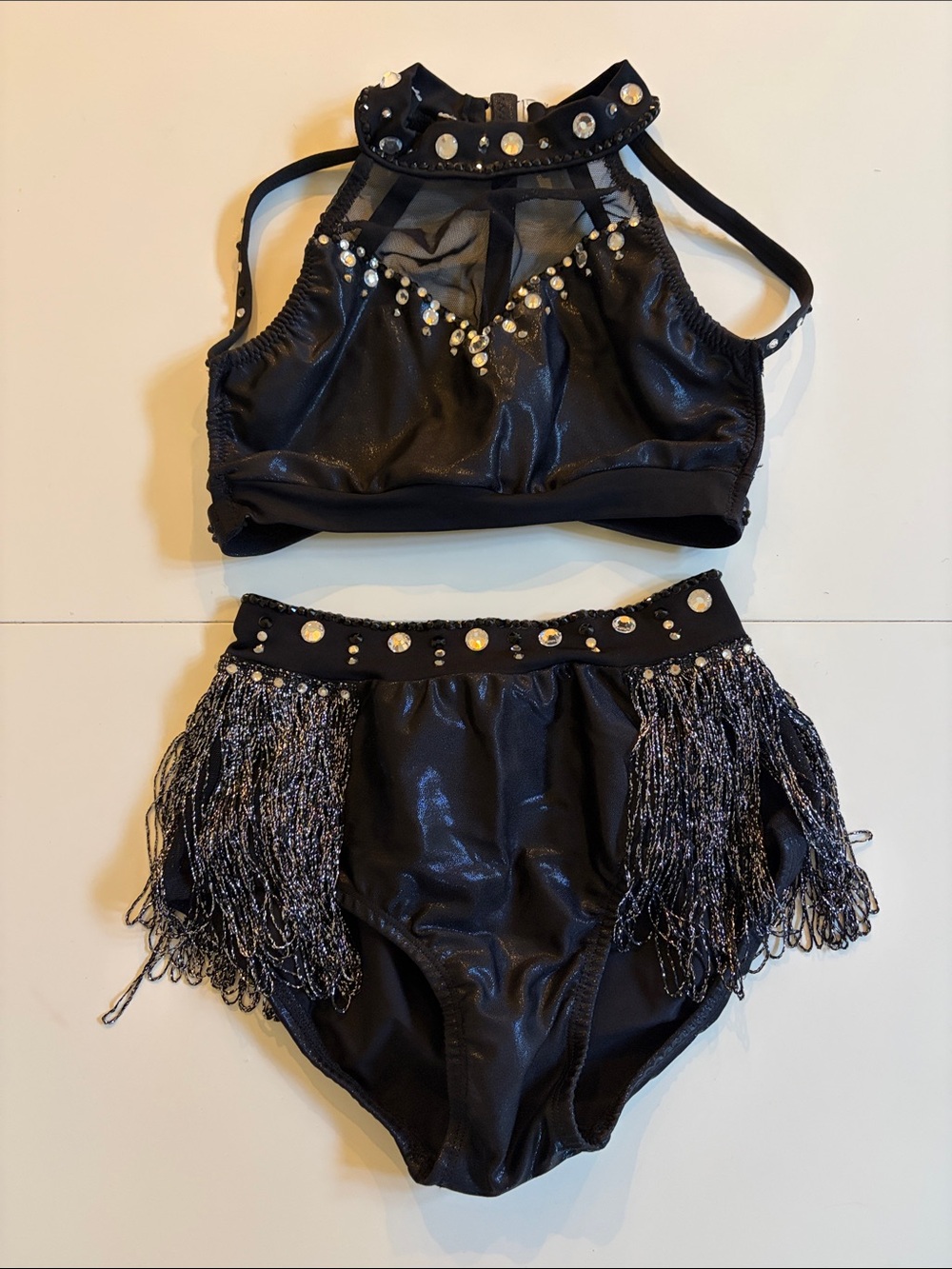 Girls Black Two-Piece Set with Rhinestone & Fringe